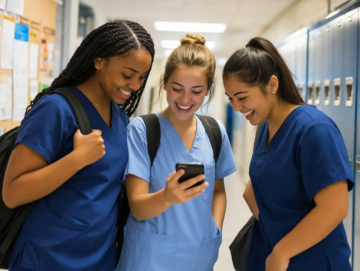 Three nursing students in scrubs laughing as one shows the others her phone