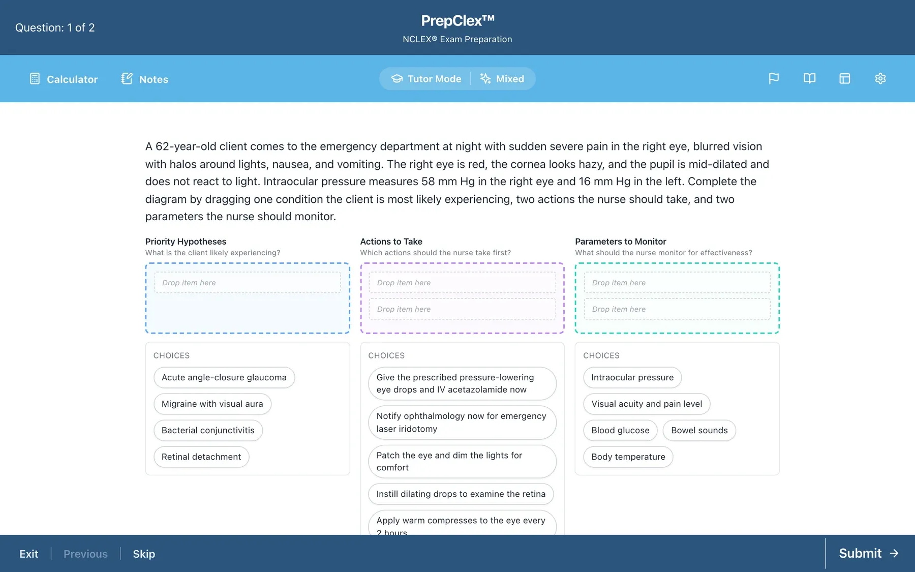 The PrepClex exam player on a computer: Bow-tie