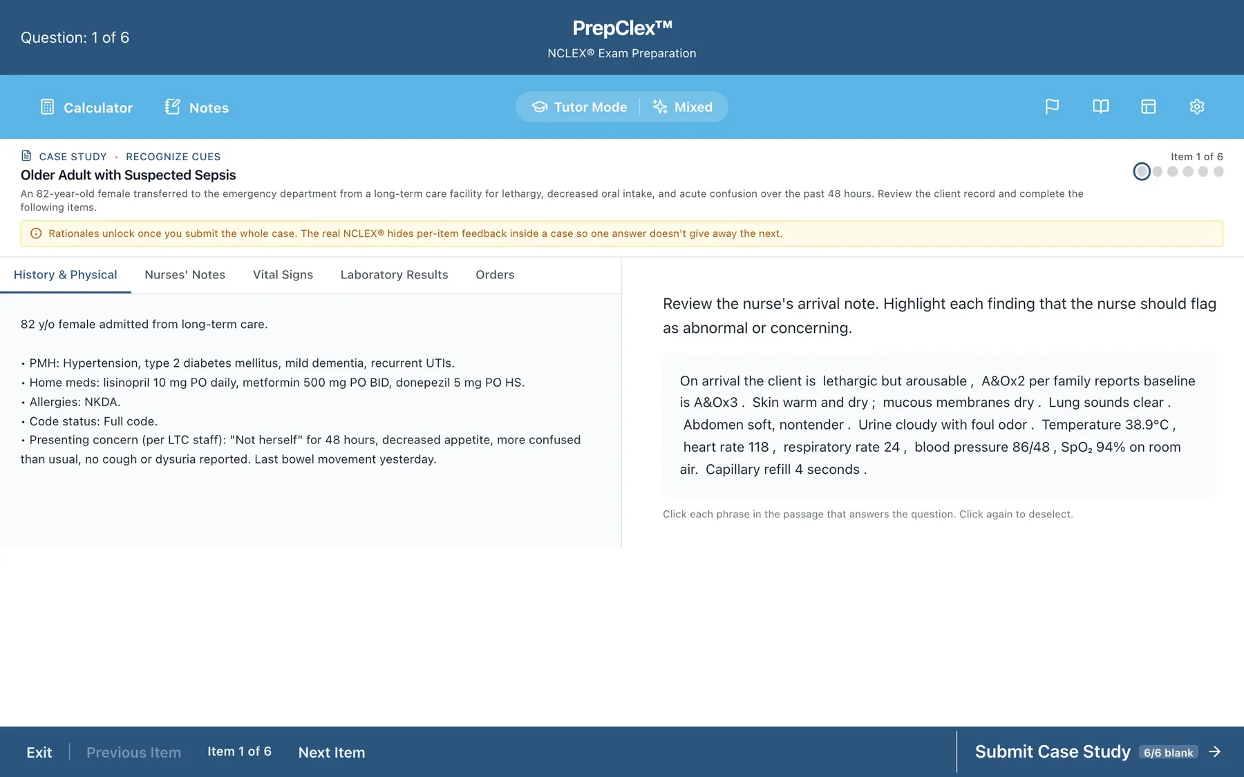 A PrepClex case study: the client chart with tabs for history and physical, nurses' notes, vital signs, laboratory results and orders, beside the first question