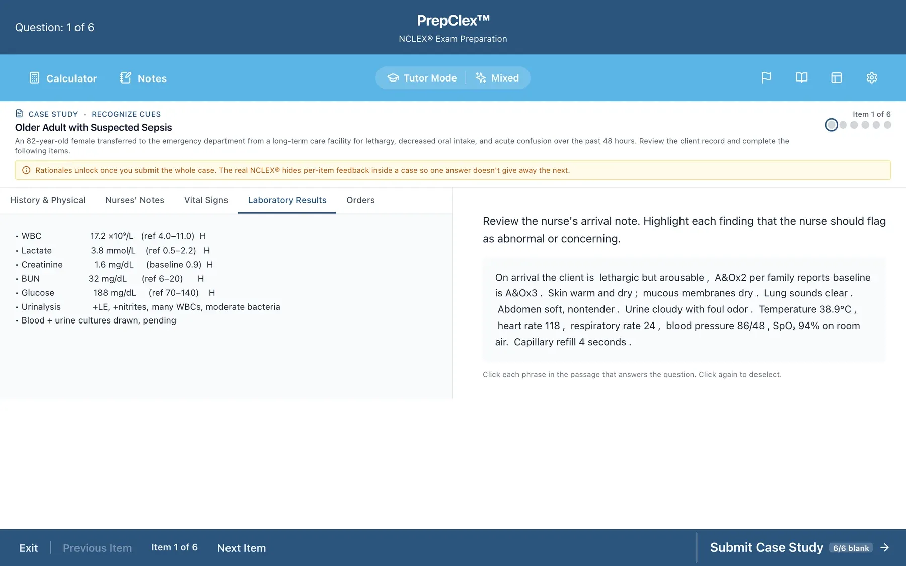 The laboratory results tab of a PrepClex case study chart