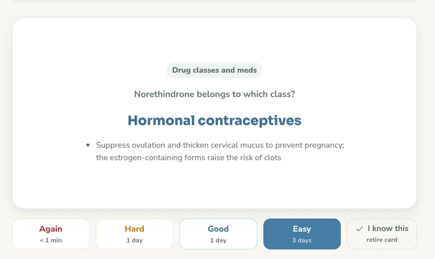 The same flashcard flipped: hormonal contraceptives, with rating buttons Again, Hard, Good and Easy