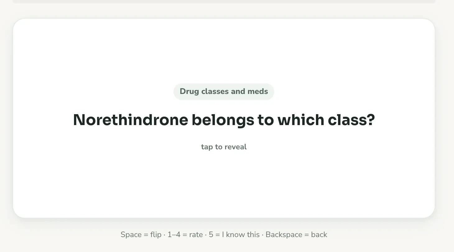 A flashcard front: Norethindrone belongs to which class?