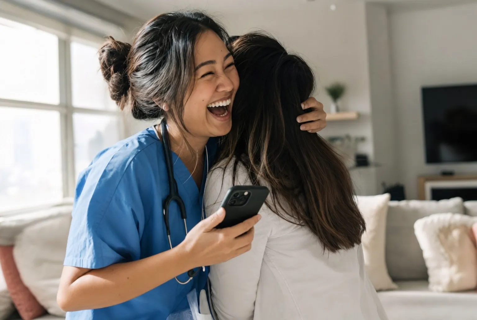 A nurse in blue scrubs laughing and hugging a friend