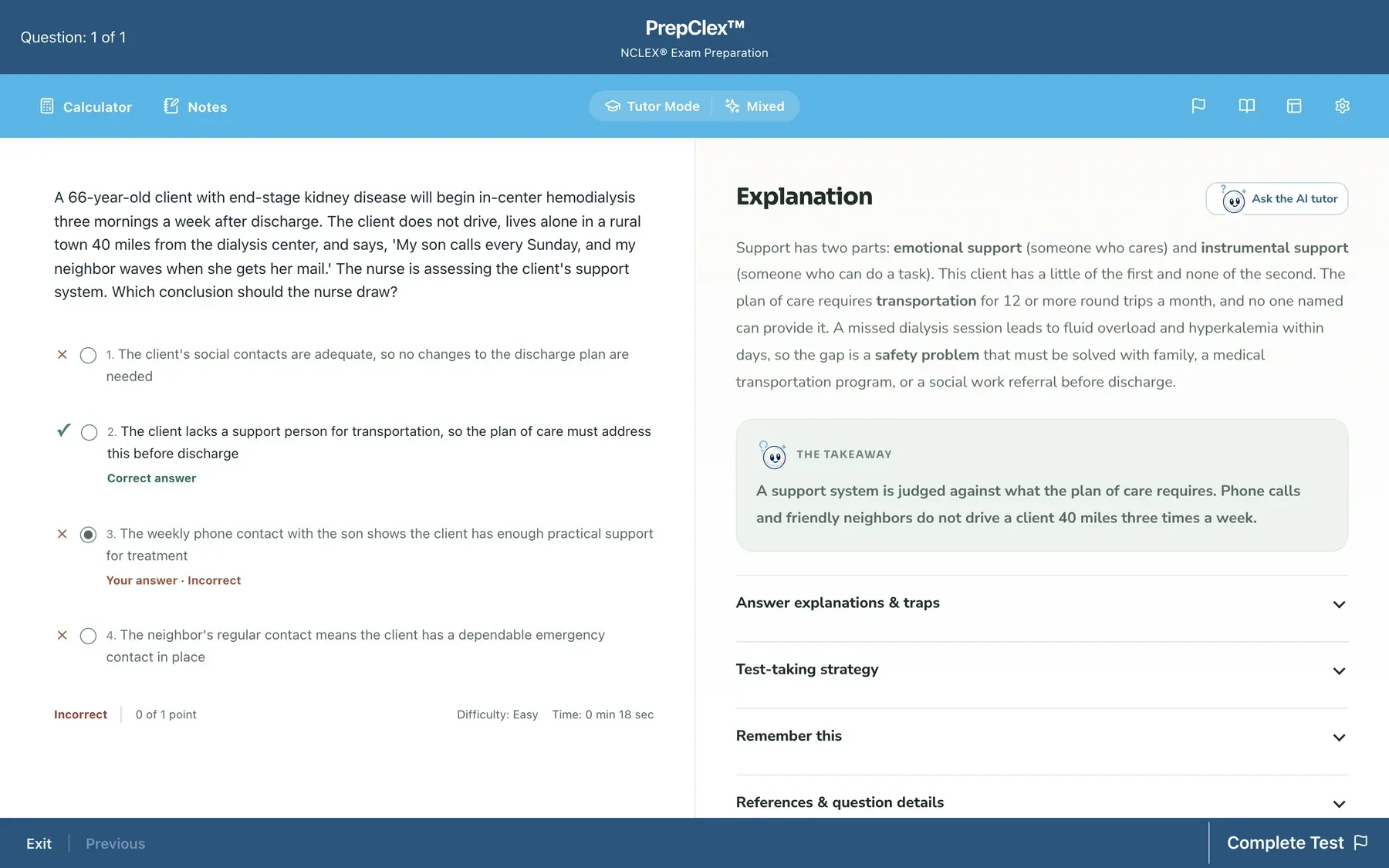The PrepClex exam player after a wrong answer: the question on the left, the explanation and the takeaway on the right