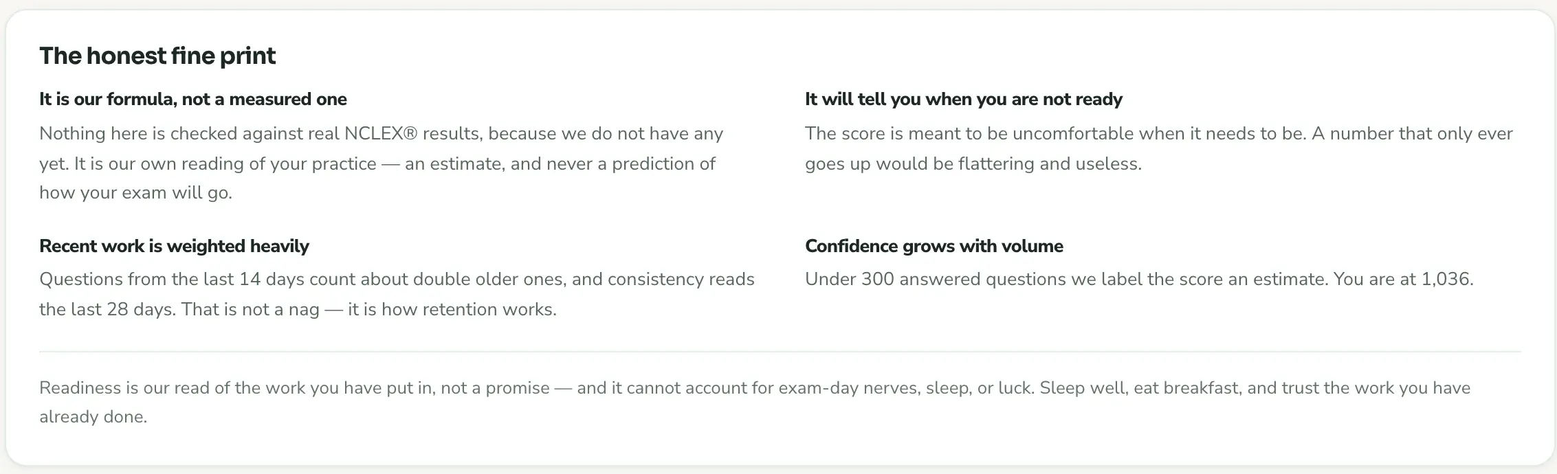 The honest fine print: it is our formula, not a measured one; it will tell you when you are not ready; recent work is weighted heavily; confidence grows with volume
