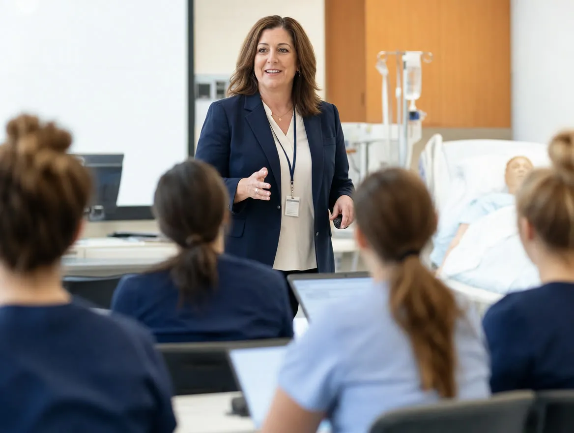 A nursing instructor teaching a class of nursing students in a skills lab classroom