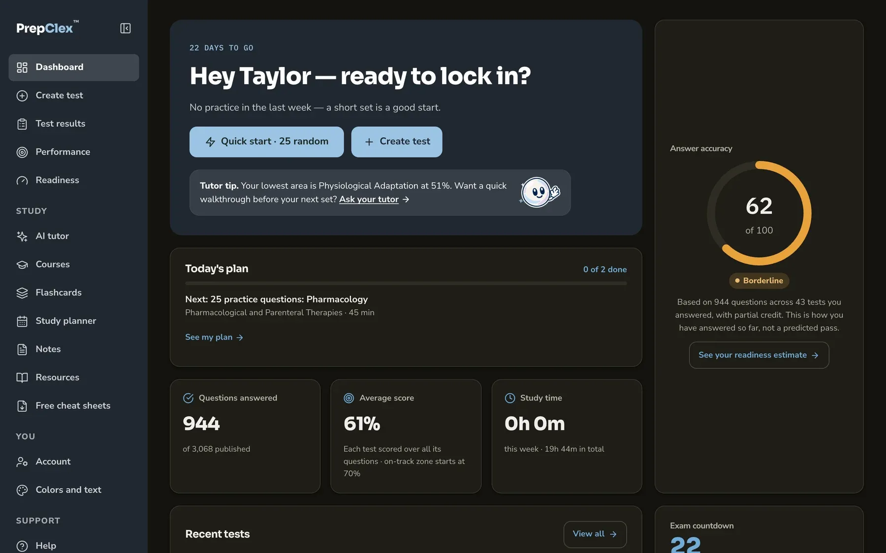 The PrepClex dashboard in dark mode