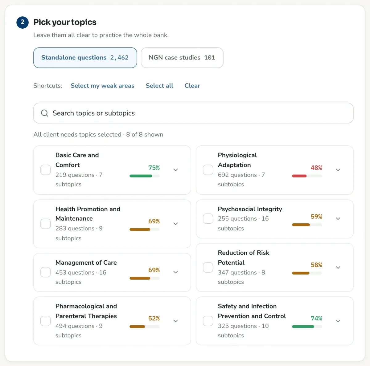 The Pick your topics step on the Create test page: all 8 client-needs areas, each with its question count, sub-topics and your score