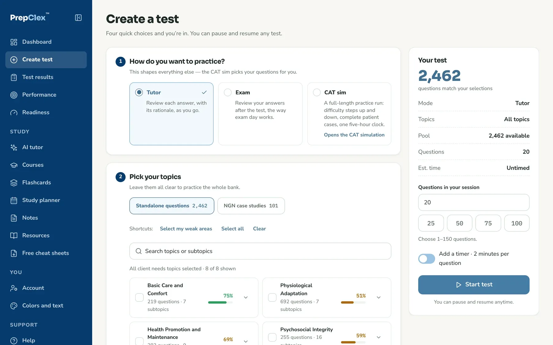 The Create test screen: pick topics or your weak areas, question types, count, mode and timer