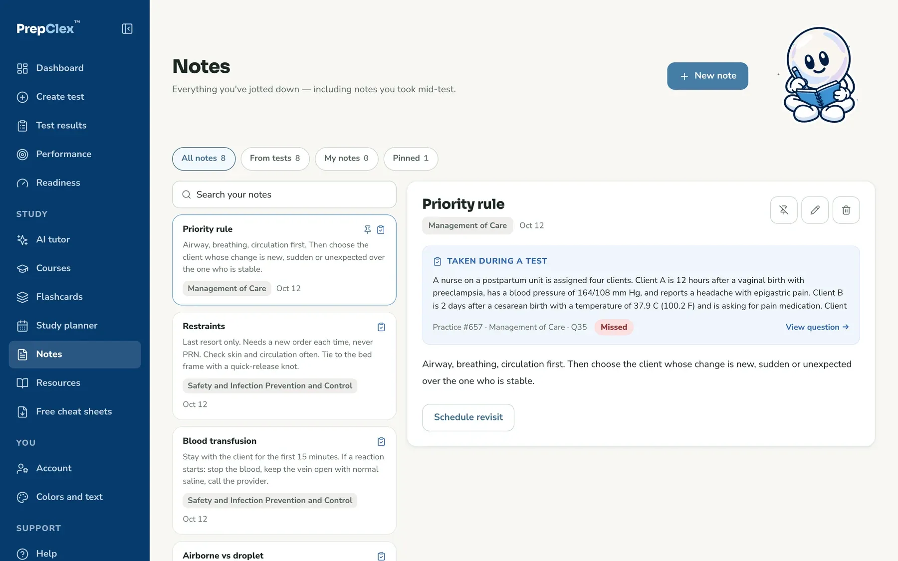 The notes page: notes written during tests, each linked to its question