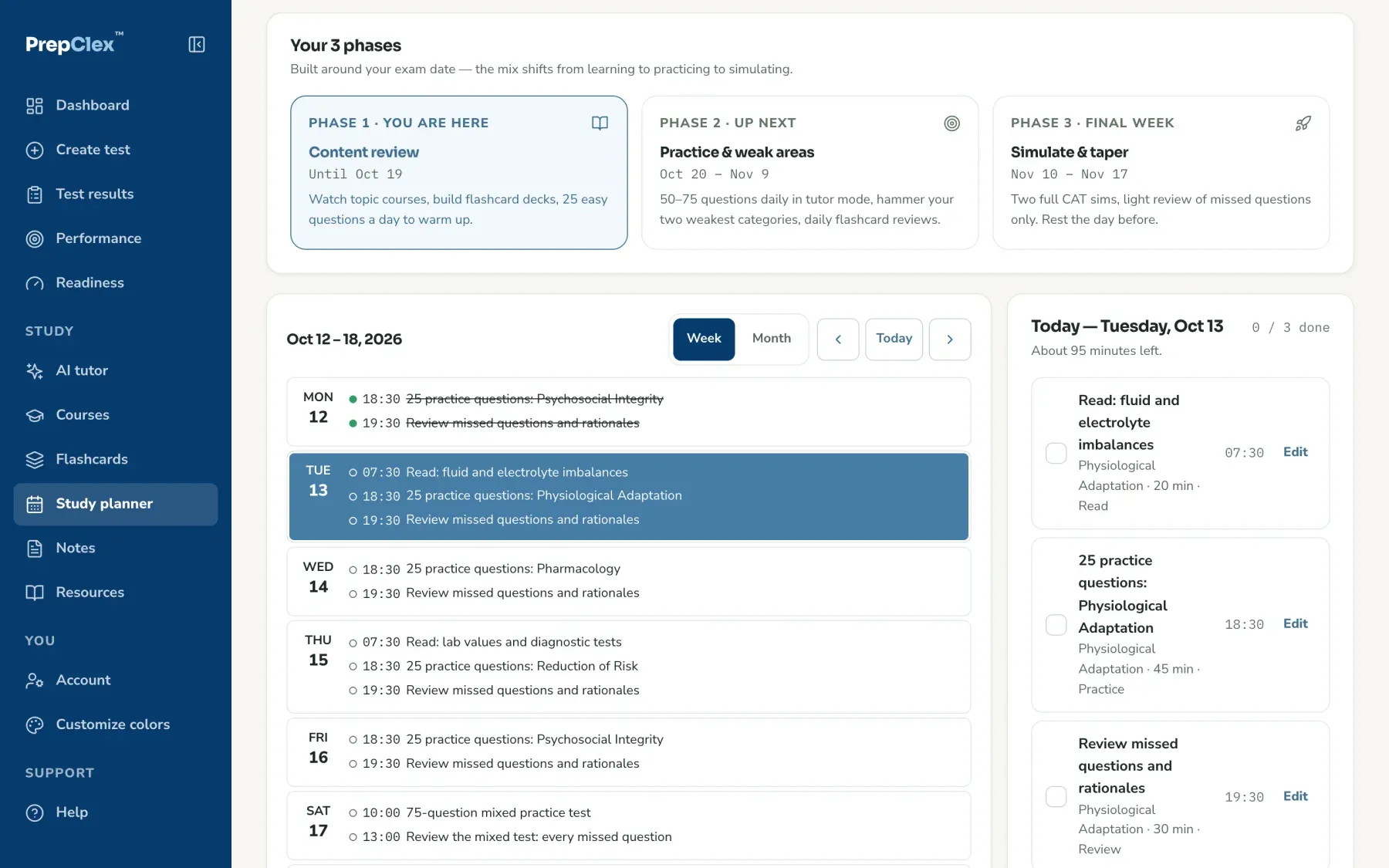 The study planner: three phases leading to the exam date, and this week's calendar of sessions