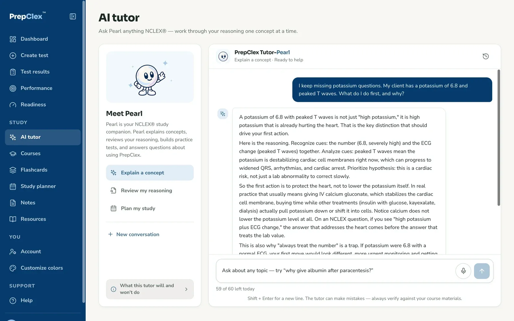 The AI tutor page: a conversation with Pearl