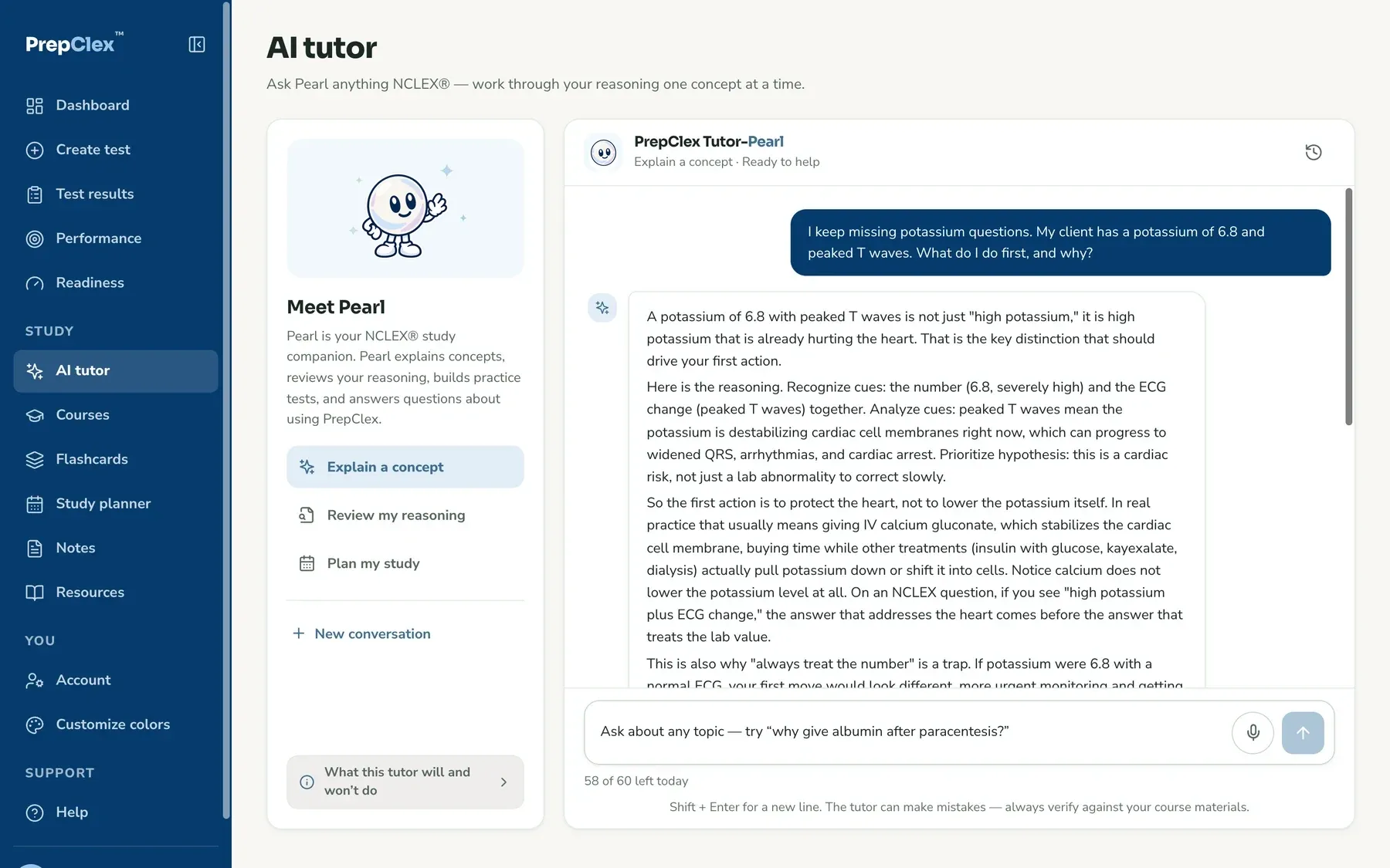 Pearl offers a ready-made practice test on fluid and electrolyte imbalances with a Start button