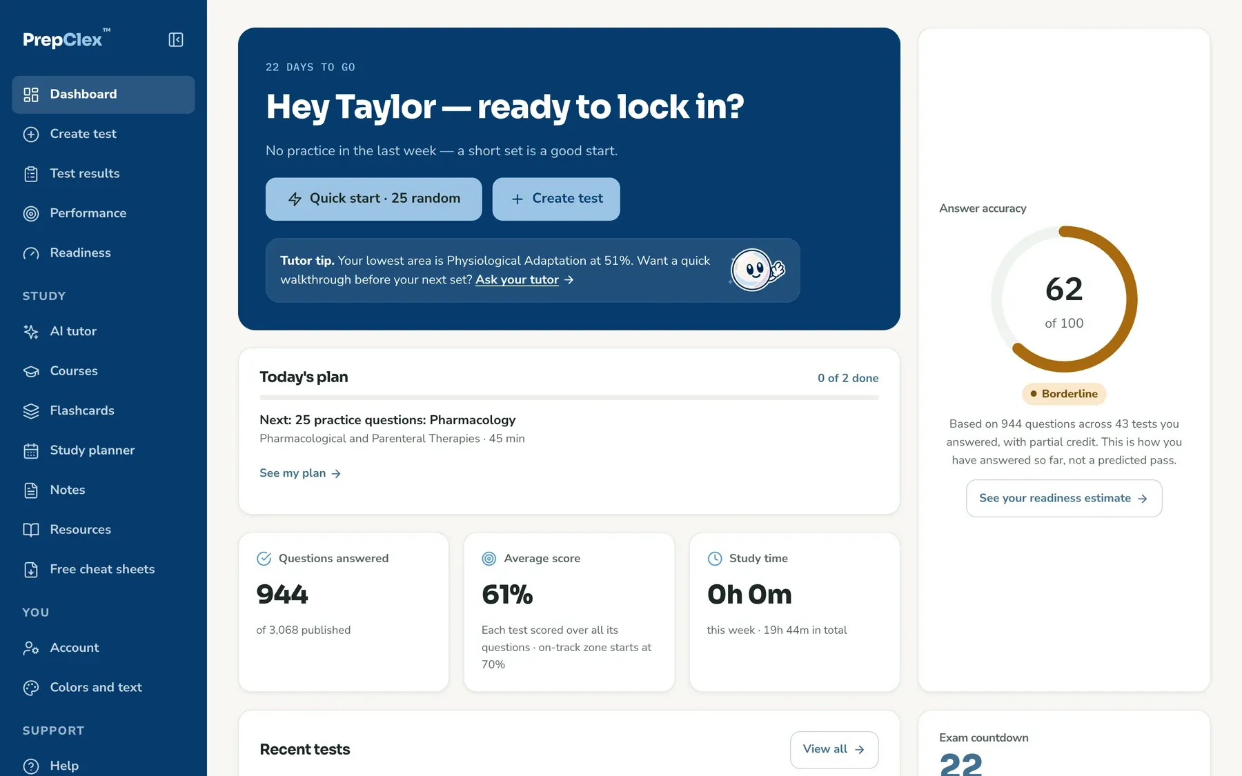 The PrepClex dashboard in the Classic blue theme