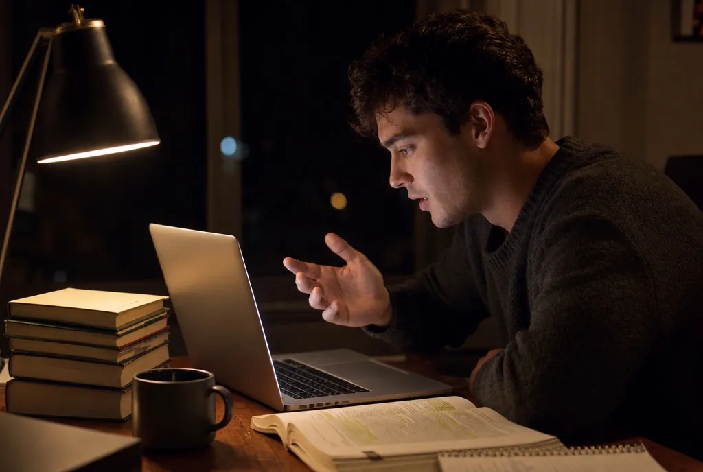 A man studies late at night under a desk lamp, talking to his laptop